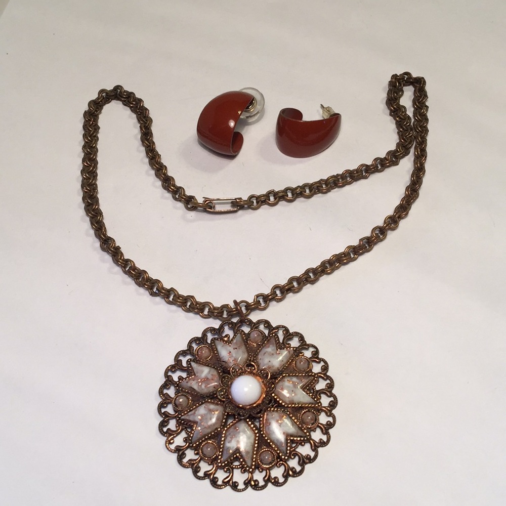 Vintage copper confetti lucite necklace and earrings